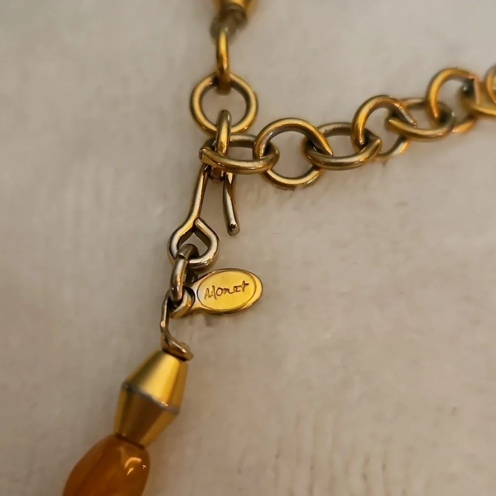 Vtg MONET Two-tone Matte Gold and Burnt Orange Beaded Charm Necklace